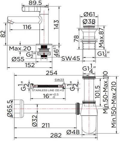 KFA-005-100 ชุดเซ็ทก๊อกเดี่ยวอ่างล้างหน้า สะดืออ่าง ท่อน้ำทิ้งและสายน้ำดียาว 16 นิ้ว