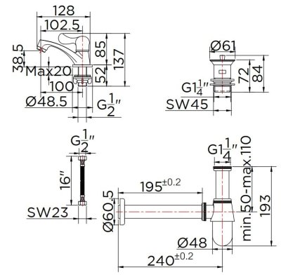 KFA-008-100 ชุดเซ็ทก๊อกเดี่ยวอ่างล้างหน้า, สะดืออ่าง, ท่อน้ำทิ้งและสายน้ำดียาว 16 นิ้ว