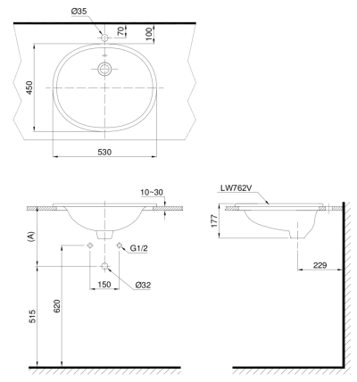 L762 อ่างล้างหน้า แบบฝังบนเคาน์เตอร์ รุ่น BASIC PLUS