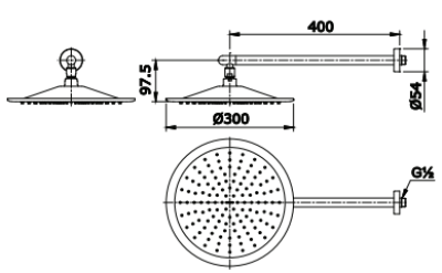 TX488SY ฝักบัวก้านแข็ง (ชนิดติดผนัง) Ø300 มม.