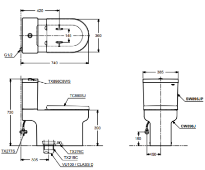 CST896 สุขภัณฑ์ แบบสองชิ้น 3/4.5 ลิตร