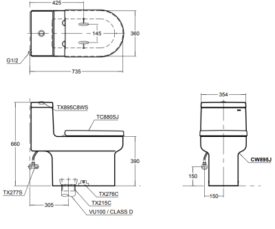 CW895 สุขภัณฑ์ แบบชิ้นเดียว 3/4.5 ลิตร