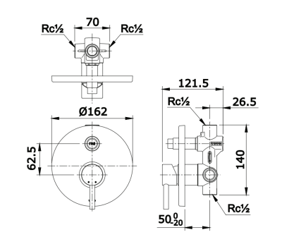 TX442SESN#MB ก๊อกผสมสำหรับลงอ่างอาบน้ำและยืนอาบ ชนิดฝังผนัง พร้อมชุดเปลี่ยนทิศทางน้ำ