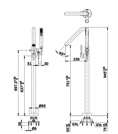 TX494SEL#PFG ก๊อกผสมอ่างอาบน้ำแบบตั้งพื้น+ฝักบัว รุ่น EGO II