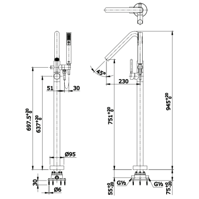 TX494SEL#MB ก๊อกผสมอ่างอาบน้ำแบบตั้งพื้น+ฝักบัว รุ่น EGO II