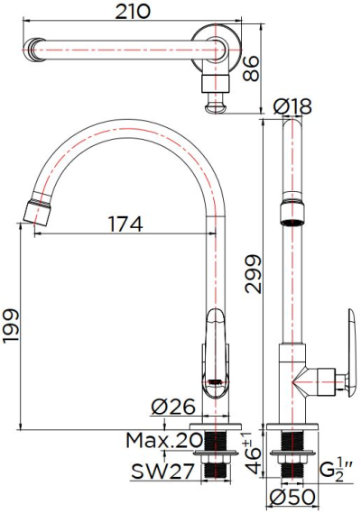 KF-48-511-50 ก๊อกซิงค์ (น้ำเย็น) แบบติดเคาน์เตอร์