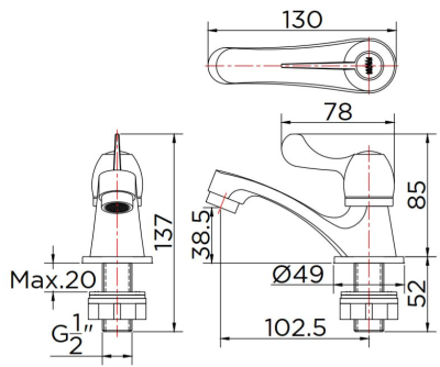 KF-02-100-50 ก๊อกอ่างล้างหน้า (น้ำเย็น) แบบติดเคาน์เตอร์