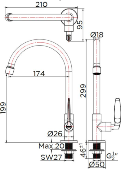 KF-47-511-50 ก๊อกซิงค์ (น้ำเย็น) แบบติดเคาน์เตอร์