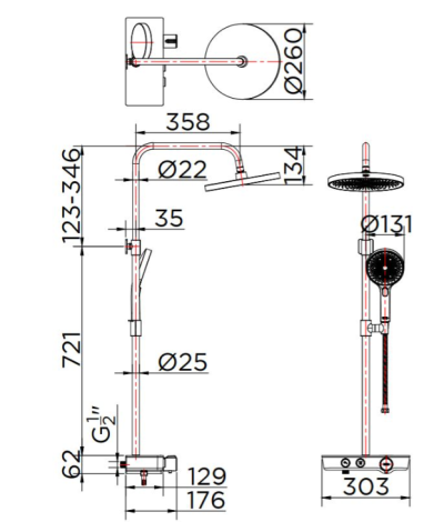 KRS-045-733-55 ก๊อกผสมติดผนัง (Thermostatic) พร้อมชุดฝักบัว Rain Shower และฝักบัวสายอ่อน ปรับน้ำ 3 ระดับ(สีดำ)