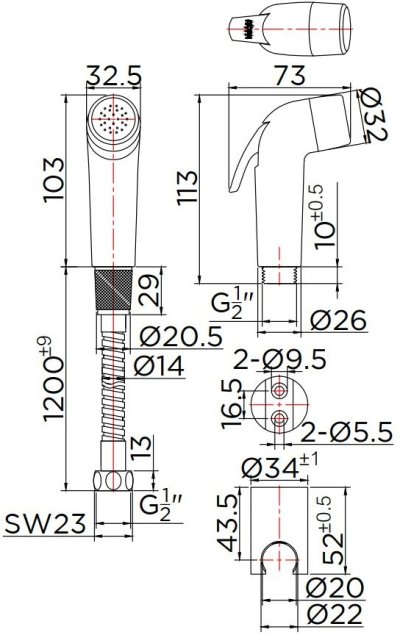 KA-03-327-50 ชุดฉีดชำระสีโครเมี่ยมพร้อมสายและขอแขวน