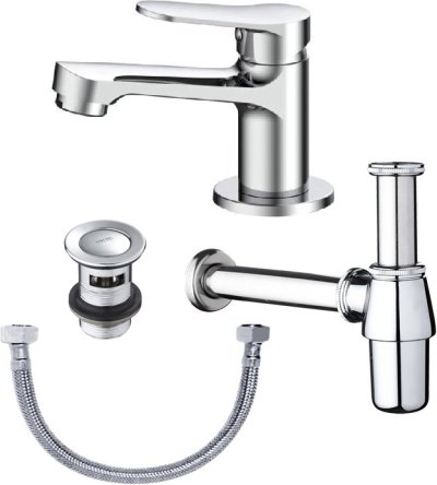 KFA-031-610 ชุดเซ็ทก๊อกเดี่ยวอ่างล้างหน้าแบบก้านโยก, สะดืออ่าง, ท่อน้ำทิ้งและสายน้ำดียาว 16 นิ้ว