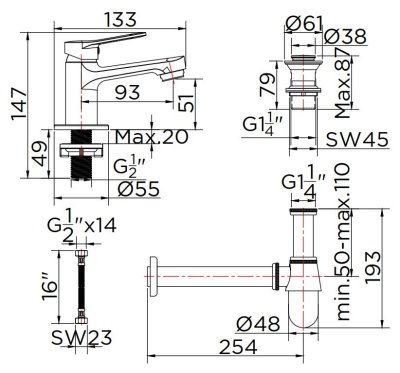 KFA-031-610 ชุดเซ็ทก๊อกเดี่ยวอ่างล้างหน้าแบบก้านโยก, สะดืออ่าง, ท่อน้ำทิ้งและสายน้ำดียาว 16 นิ้ว
