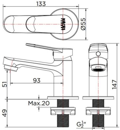 KF-65-610-50 ก๊อกเดี่ยวอ่างล้างหน้าแบบก้านโยก (ไม่มีป๊อบอัพ)