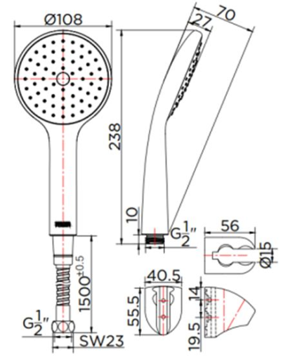 KS-75-261-55 ฝักบัวสายอ่อน 1 ระดับ ขนาด Ø 10.8 ซม. สีดำ พร้อมสาย PVC