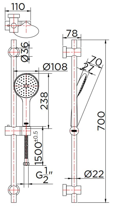 KS-01-731-55 ชุดราวเลื่อน ยาว 70 ซม. พร้อมฝักบัวสายอ่อน 1 ระดับ ขนาด Ø 10.8 ซม. สีดำ พร้อมสาย PVC