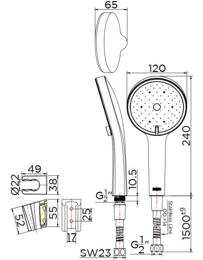 KS-27-233-50 ฝักบัวสายอ่อนปรับน้ำ 3 ระดับ ขนาด Ø 12.0 ซม   Self Cleaning พร้อมสายสเตนเลส 304