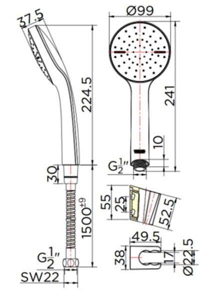 KS-01-231-50 ฝักบัวสายอ่อน 1 ระดับ ขนาด Ø 10 ซม. พร้อมสายสเตนเลส 304