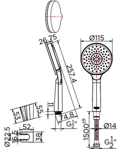 KS-44-231-50 ฝักบัวสายอ่อนปรับน้ำ 1 ระดับ ขนาด Ø 11.5 ซม. พร้อมสายสแตนเลส 304