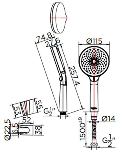 KS-44-233-50 ฝักบัวสายอ่อนปรับน้ำ 3 ระดับ ขนาด Ø 11.5 ซม. พร้อมสายสแตนเลส 304