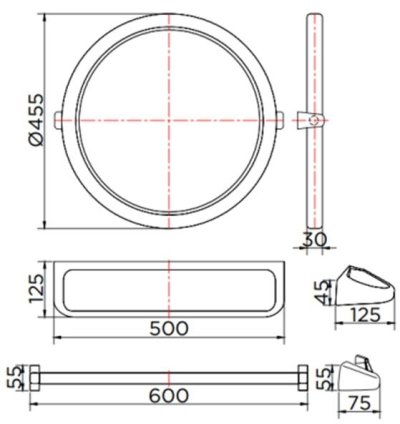 KMS-01-240-11 ชุดกระจกห้องน้ำแบบกลม พร้อมชั้นวางและราวแขวน Ø 45.5 ซม.
