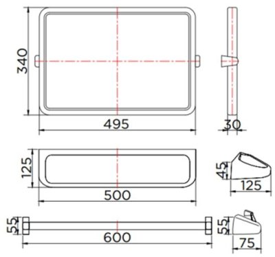 KMS-01-230-11 ชุดกระจกห้องน้ำแบบเหลี่ยม พร้อมชั้นวางและราวแขวนยาว 49.5 ซม.
