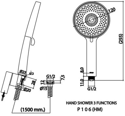 P106(HM) ฝักบัวอาบน้ำพร้อมสายโครเมี่ยม 3 ฟังก์ชั่น