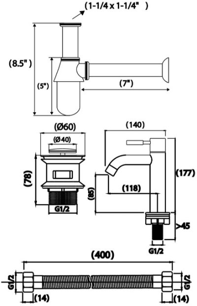 PM1044#SA(SET) ก๊อกเดี่ยวอ่างล้างหน้า สแตนเลส จัดชุด (SET) 4 ชิ้น