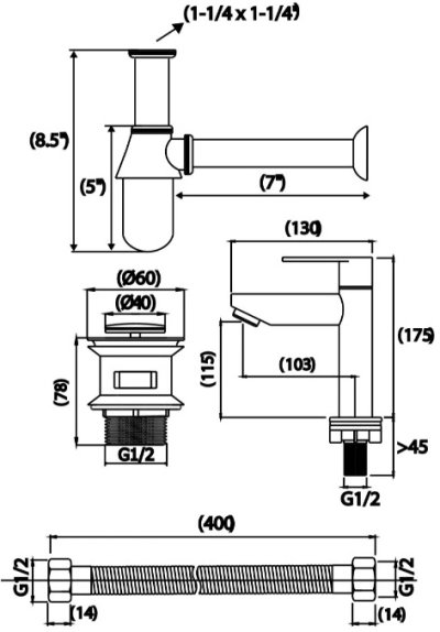 PM1045#SA(SET) ก๊อกเดี่ยวอ่างล้างหน้า จัดชุด (SET) 4 ชิ้น