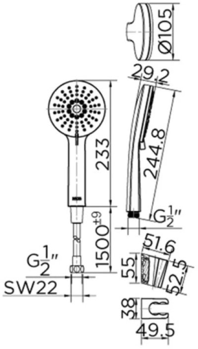 KS-42-263-55 ฝักบัวสายอ่อนสีดำ ปรับน้ำ 3 ระดับ ขนาด Ø 10.5 ซม. พร้อมสาย PVC