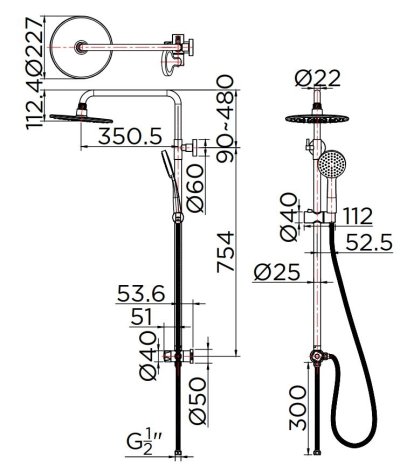 KRS-012-781-50 ชุดฝักบัว Rain Shower สีโครเมี่ยม ขนาด Ø 22.7 ซม. พร้อมที่สลับทางน้ำ (Diverter) และฝักบัวสายอ่อนปรับน้ำ 1 ระดับ