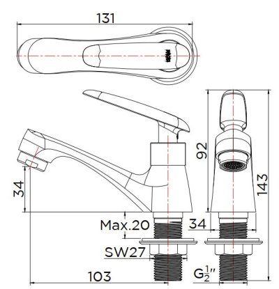 KF-48-100A-50 ก๊อกอ่างล้างหน้า (น้ำเย็น) แบบติดเคาน์เตอร์