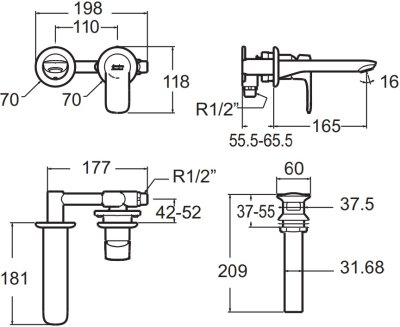 A-1M04-120 (FFAS1M04-101500BT0) ก๊อกผสมสำหรับอ่างล้างหน้า-ล้างมือ ชนิดฝังในผนัง รุ่น LOVEN