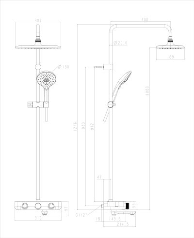 A-6110-978-909AT-HG (FFAS4956-601A00BT0) ก๊อกผสมควบคุมอุณหภูมิอัตโนมัติพร้อมชุดฝักบัวสายอ่อนและเรนชาวเวอร์