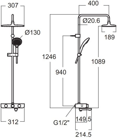 A-6110-978-909AT-PWS (FFAS4956-601DA0BT0) ก๊อกผสมควบคุมอุณหภูมิอัตโนมัติพร้อมชุดฝักบัวสายอ่อนและเรนชาวเวอร์