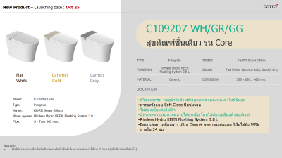 C109207 WH/GR สุขภัณฑ์ แบบชิ้นเดียว 3.8 ลิตร รุ่น CORE (CARAMEL GOLD)