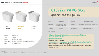 C109227 WH สุขภัณฑ์ แบบชิ้นเดียว 3.8 ลิตร รุ่น PRO (FLAT WHITE)