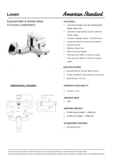 A-1M11-200B ก๊อกผสมอ่างอาบน้ำแบบติดผนัง ไม่รวมชุดฝักบัวสายอ่อน รุ่น LOVEN