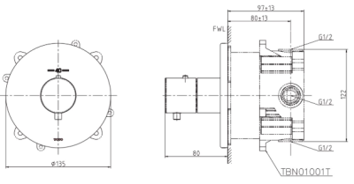 TBV01406T#BN ก๊อกผสมชนิดฝังผนัง แบบปรับอุณหภูมิคงที่ สำหรับน้ำออก 3 ทาง *1