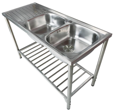 KK-02-023H-63 ชุดอ่างซิงค์ แบบ 2 หลุมมีที่พัก+ชุดขาตั้ง SUS304 หนา 0.6 พร้อมท่อน้ำทิ้ง ขนาด 1,200x500x780 มม.