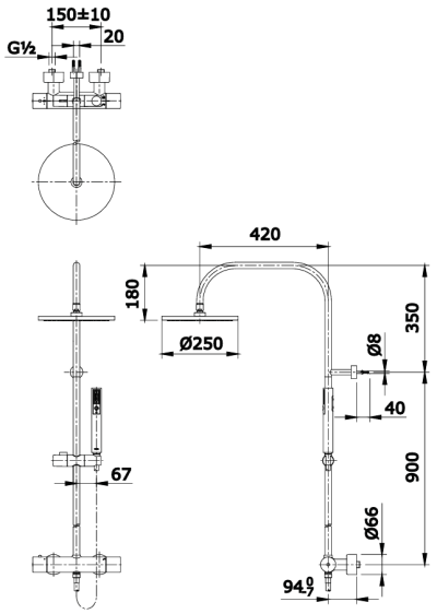 TX454SES#MB ก๊อกผสมสำหรับยืนอาบน้ำแบบปรับอุณหภูมิคงที่ พร้อมฝักบัวก้านแข็งและฝักบัวสายอ่อน 2 ฟังก์ชัน