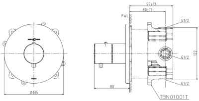 TBV01406T#PN ก๊อกผสมชนิดฝังผนัง แบบปรับอุณหภูมิคงที่ สำหรับน้ำออก 3 ทาง *1