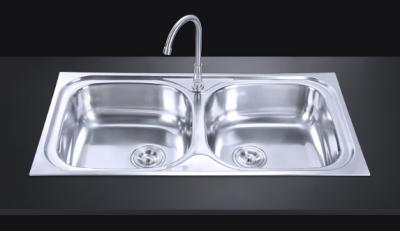 MSX932 อ่างล้างจาน ชนิด 2 หลุม สเตนเลส สตีล  AISI 201  สะดือขนาด 3.5 นิ้ว แถมฟรีก๊อกน้ำเย็น