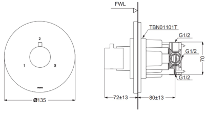 TBV01102T#BN ชุดเปลี่ยนทิศทางน้ำ (เข้า 1 ออก 3) สำหรับก๊อกผสมชนิดฝังผนัง แบบปรับอุณหภูมิคงที่ สำหรับน้ำออก 3 ทาง *2