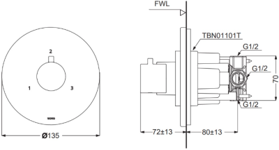 TBV01102T#PFG ชุดเปลี่ยนทิศทางน้ำ (เข้า 1 ออก 3) สำหรับก๊อกผสมชนิดฝังผนัง แบบปรับอุณหภูมิคงที่ สำหรับน้ำออก 3 ทาง *2