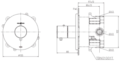 TBV01406T#BBR ก๊อกผสมชนิดฝังผนัง แบบปรับอุณหภูมิคงที่ สำหรับน้ำออก 3 ทาง *1