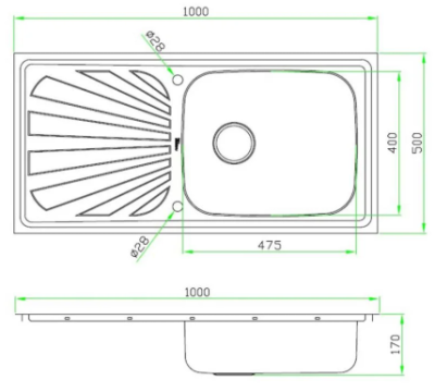 DSX100 อ่างล้างจาน ชนิด 1 หลุม 1 ที่พักสเตนเลส สตีล  AISI 201  สะดือขนาด 3.5 นิ้ว แถมฟรีก๊อกน้ำเย็น