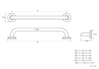 GB-6327-2-90 ราวกันลื่น ความยาว 90 ซม. ⌀ 32 มม. ผิวเงา
