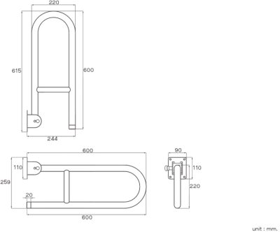 HR-6111-2-UD ราวกันลื่น แบบโยกขึ้น-ลง ความยาว 22x60 ซม. ขนาดเส้นผ่านศูนย์กลาง (OD) 32 มม. ผิวแฮร์ไลน์ 