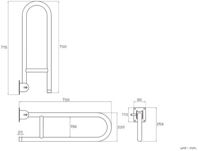 HR-1115-2-UD ราวกันลื่น แบบโยกขึ้น-ลง ความยาว 22x70 ซม. ขนาดเส้นผ่านศูนย์กลาง (OD) 32 มม. ผิวเงา
