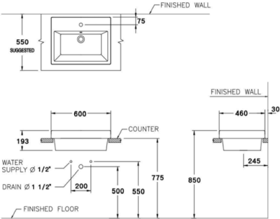 C0902 อ่างล้างหน้า แบบวางบนเคาน์เตอร์ รุ่น QUADO 60